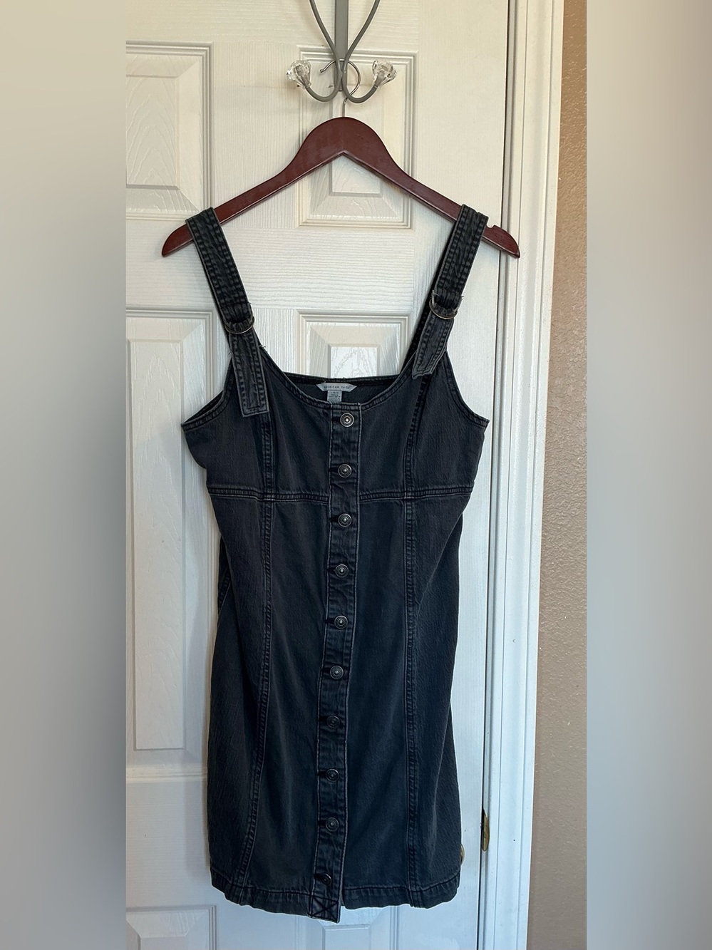 American Eagle Overall Dress Womens Size Large Babydoll Mini Denim Button Front